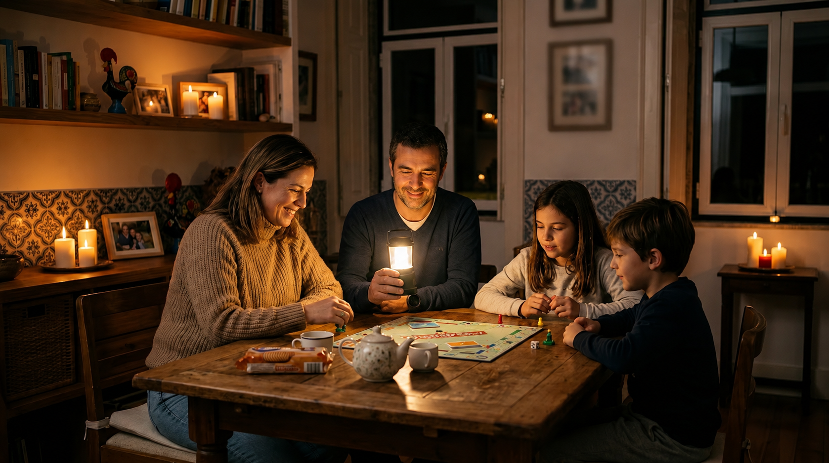 Família preparada durante um apagão em casa
